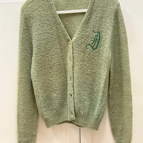 1950s Sage Green Women's Cardigan Sweater Monogram D - V neck Very Good Cond. - Picture 2 of 8